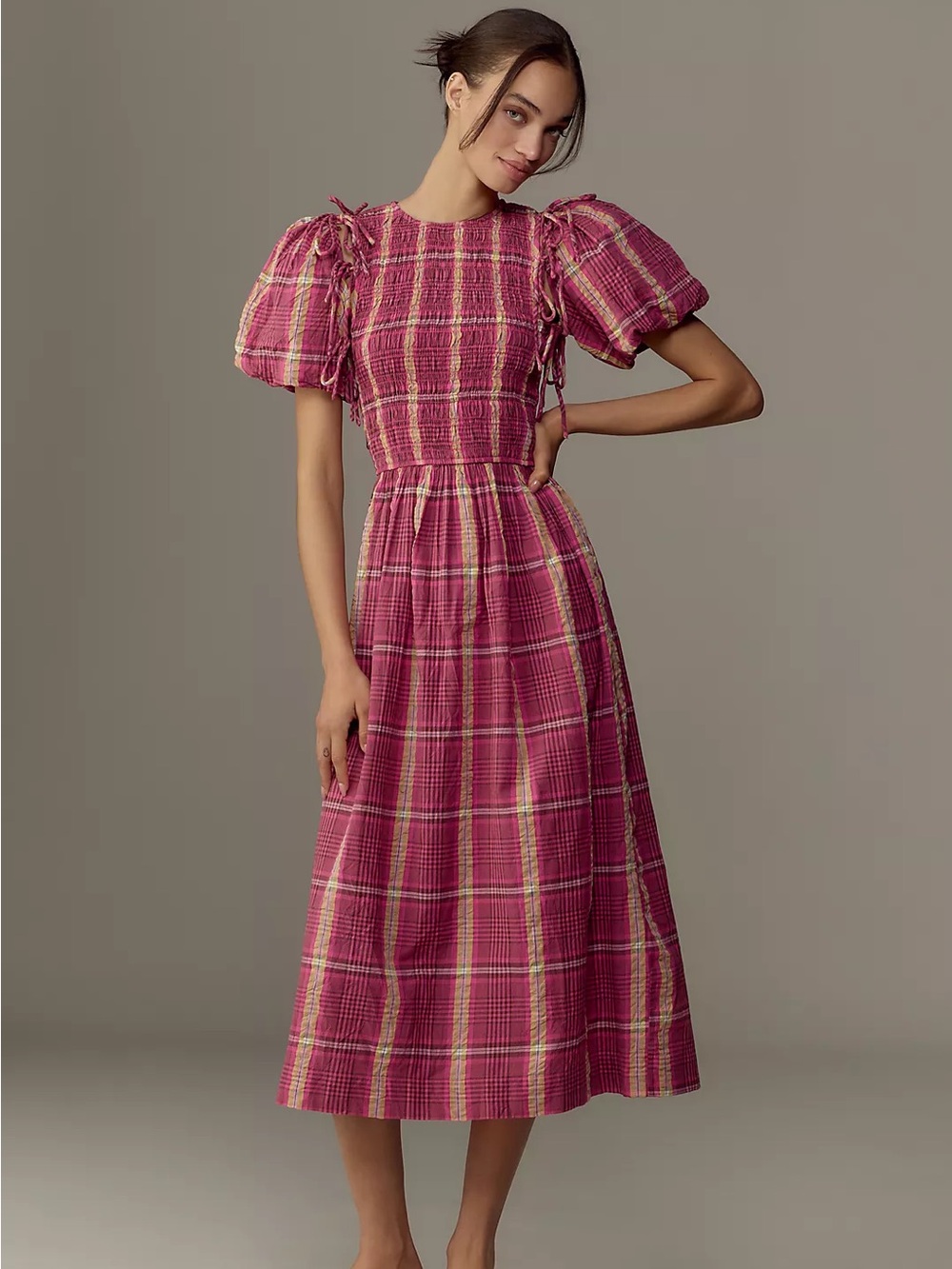 $250 Damson Madder Ruffled Windowpanes Maxi Dress Size 16 Detachable Sleeves